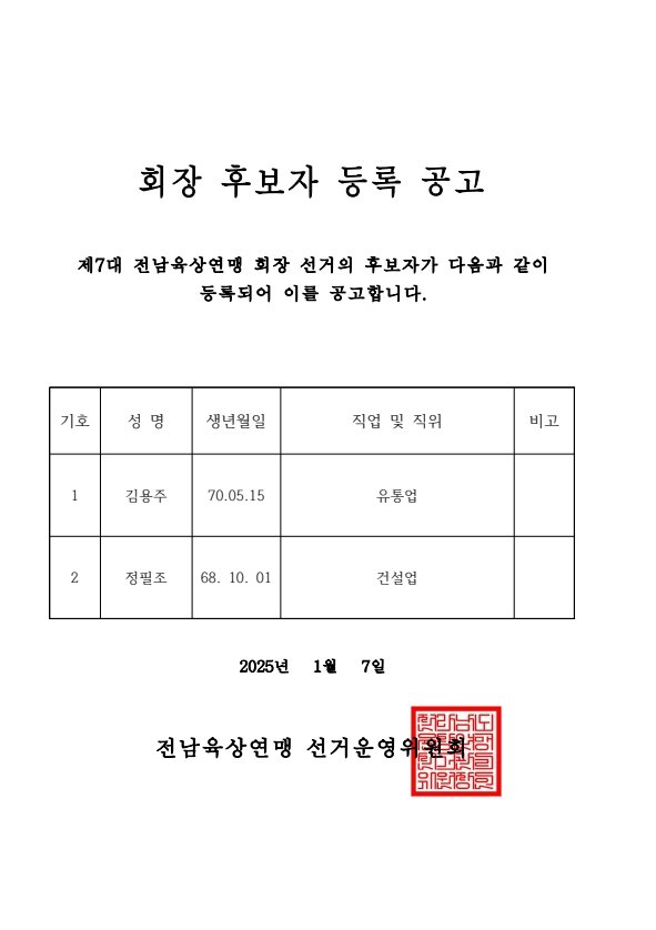 제7대 전남육상연맹 회장 후보자 등록 공고